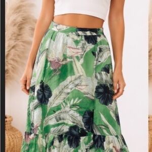 Ann Taylor Green Tropical-Print Ramie/cotton  Maxi Skirt